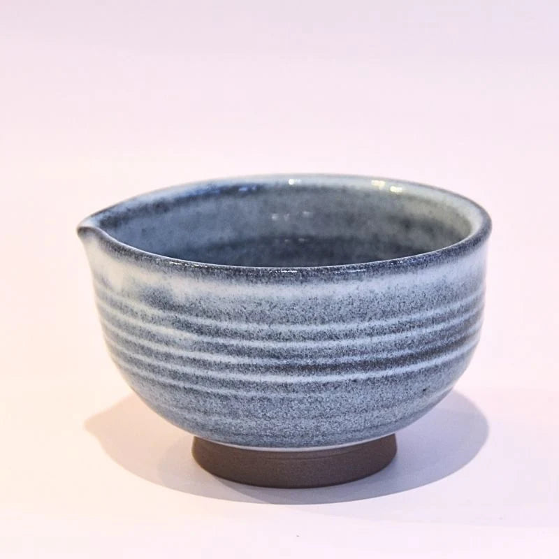 Handcrafted Tamba Ware Katakuchi Matcha Bowl in Denim Blue and White by Okuma Kiln