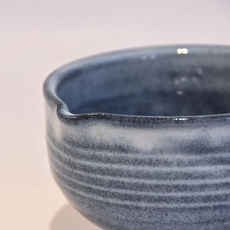 Handcrafted Tamba Ware Katakuchi Matcha Bowl in Denim Blue and White by Okuma Kiln