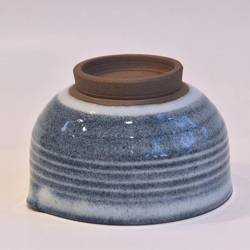 Handcrafted Tamba Ware Katakuchi Matcha Bowl in Denim Blue and White by Okuma Kiln
