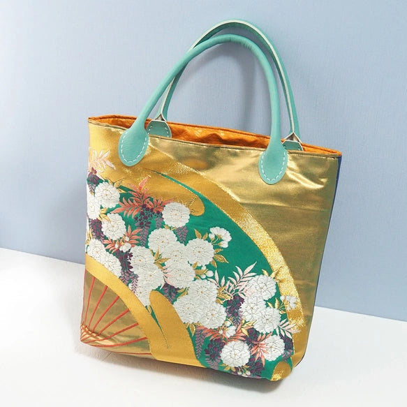 Kimono Tote Bag Gold Green - Kyoto Nishijin Textile