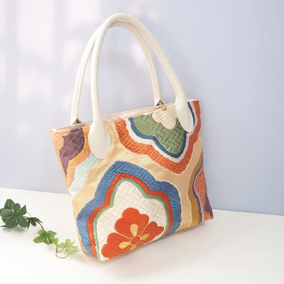 Kimono Tote Bag Beige - Kyoto Nishijin Textile