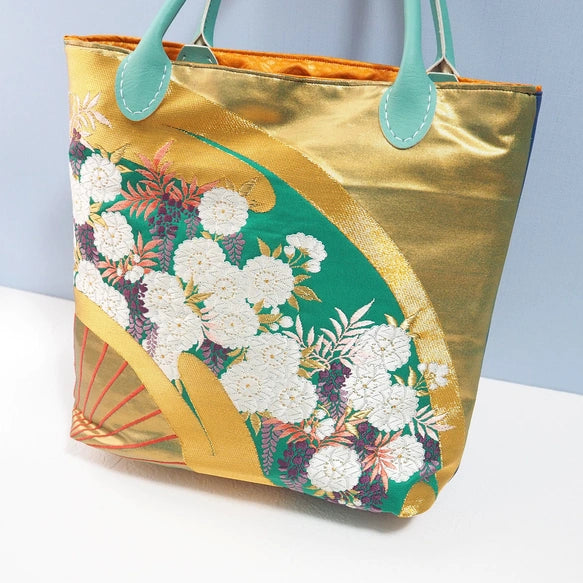 Kimono Tote Bag Gold Green - Kyoto Nishijin Textile