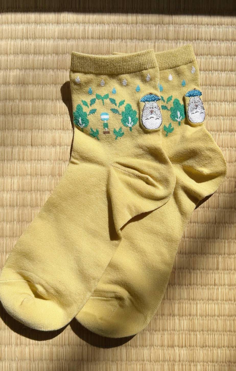 Yellow socks with cartoon character Totoro design 