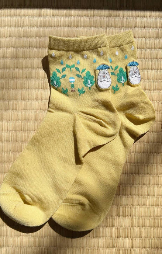 Yellow socks with cartoon character Totoro design 